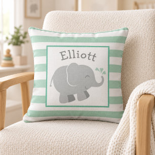 Modern Mint and Grey Elephant Monogram Throw Pillow