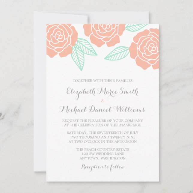 Modern Mint and Peach Rose Wedding Invitations (Front)