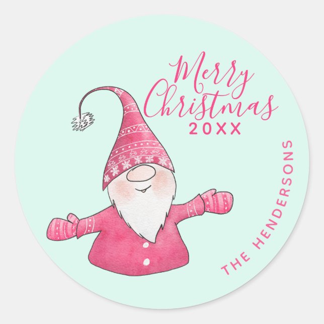 Modern Mint and Pink Gnome Custom Merry Christmas Classic Round Sticker (Front)