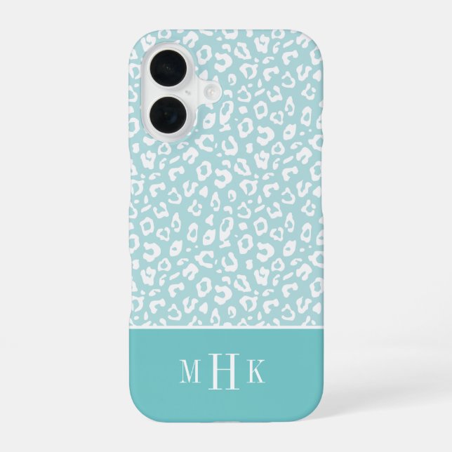 Modern Mint & Aqua Leopard Print Monogram iPhone 16 Case (Back)