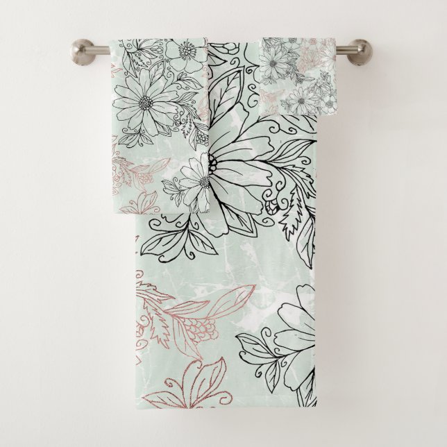 Modern Mint Black Rose Gold Floral Marble Bath Towel Set (Insitu)