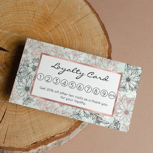 Modern Mint Black Rose Gold Floral Marble Loyalty Card (Modern Mint Black Rose Gold Floral Marble Loyalty)