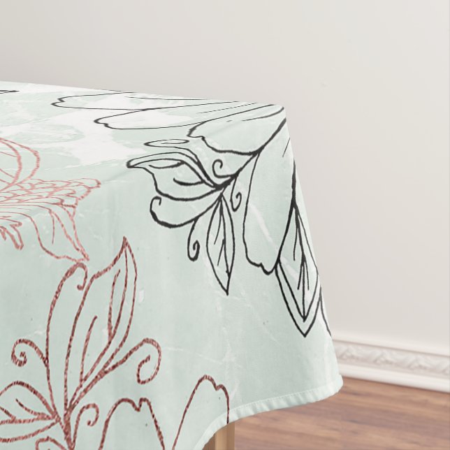Modern Mint Black Rose Gold Floral Marble Tablecloth (In Situ)