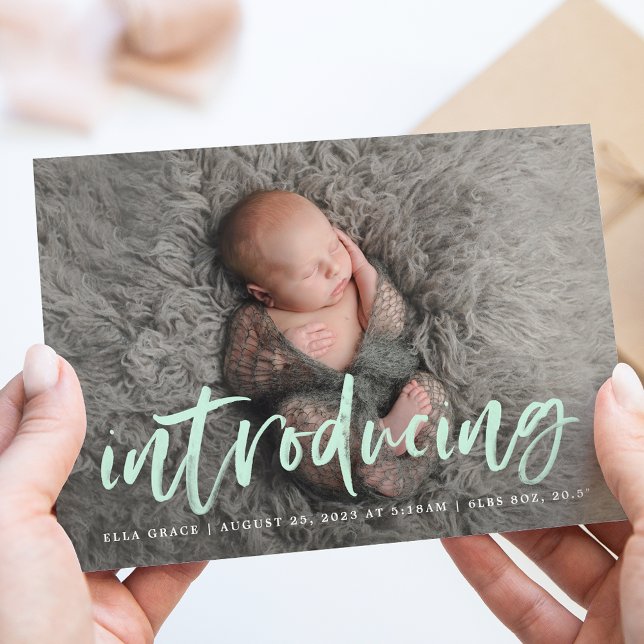 Modern Mint Brush Script Introducing Photo Birth Announcement (Creator Uploaded)