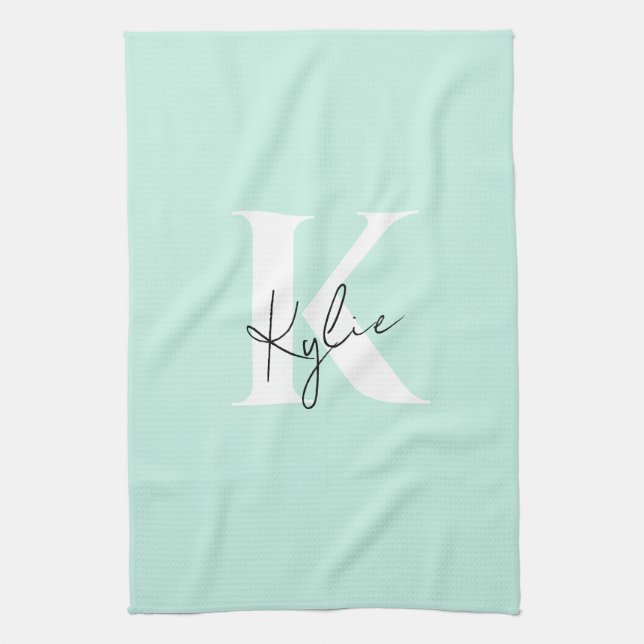 Modern Mint Cream Personalized Monogram Name -  Kitchen Towel (Vertical)