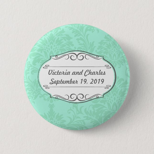 Modern Mint  Damask Wedding Invite 2 Inch Round Button (Front)