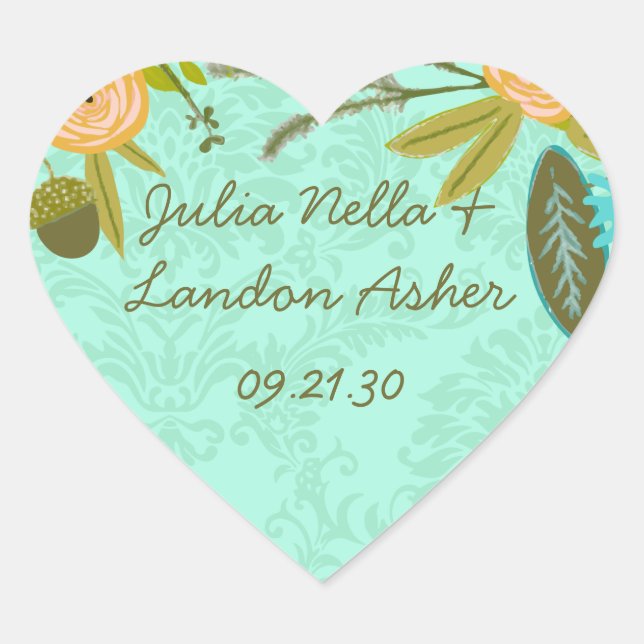 Modern Mint  Damask Wedding Invite Heart Sticker (Front)