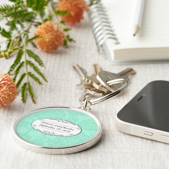 Modern Mint  Damask Wedding Invite Keychain (Side)