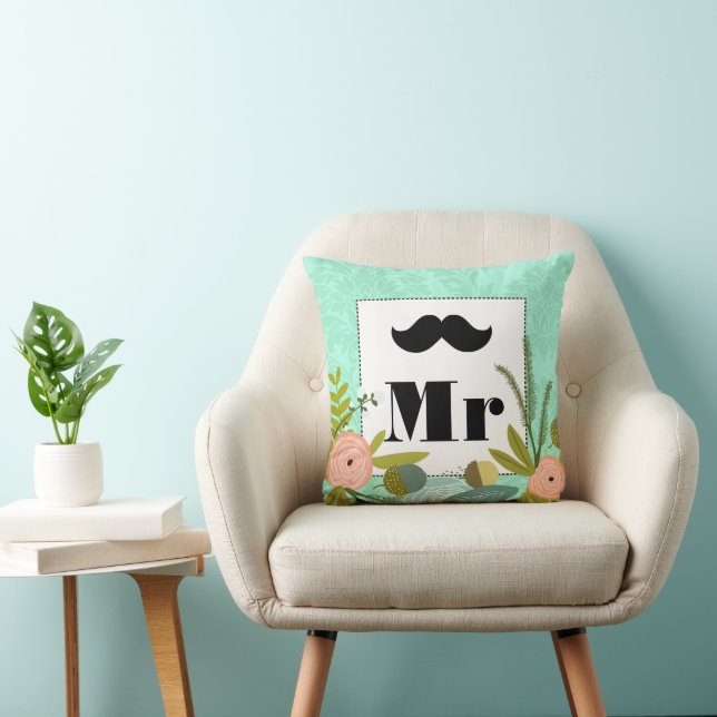 Modern Mint  Damask Wedding Invite Throw Pillow (Chair)