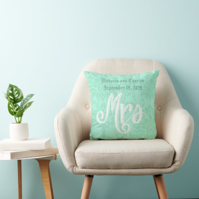 Modern Mint  Damask Wedding Throw Pillow (Chair)