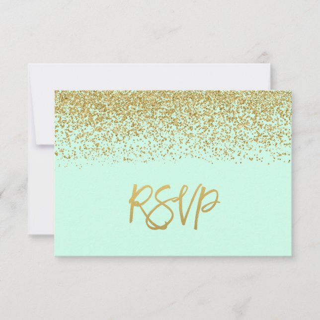 Modern Mint Faux Gold Glitter RSVP (Front)