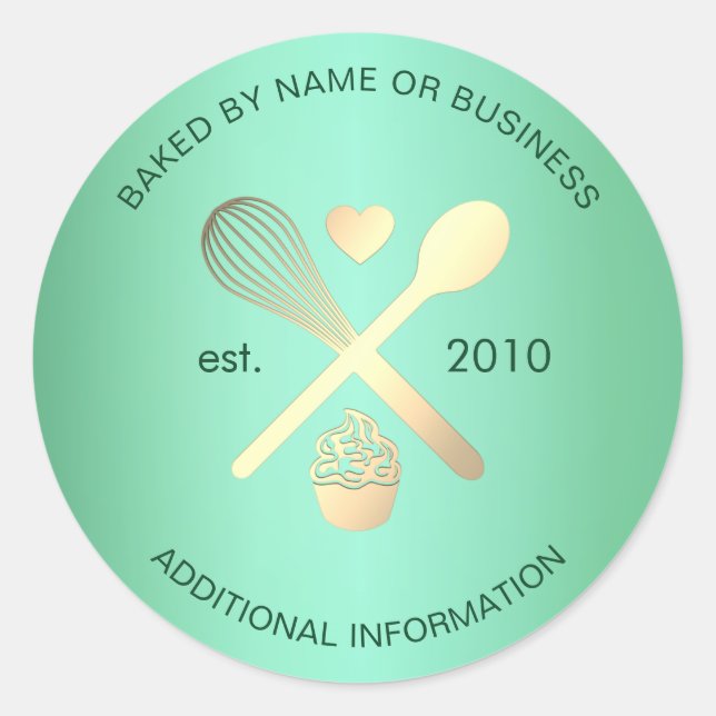 Modern Mint Green and Gold Bakery Cupcake Label (Front)