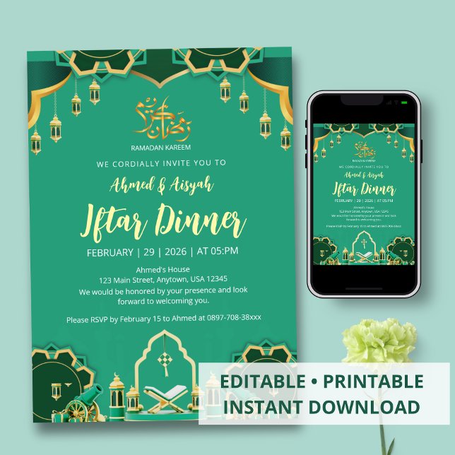 Modern Mint Green and Gold Festive Ramadan Iftar Invitation (Creator Uploaded)