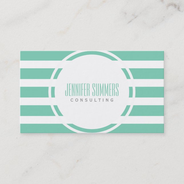 Modern Mint-Green And White Stripes Pattern Business Card (Front)