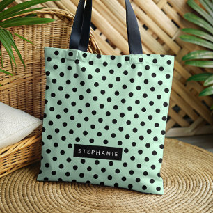 Modern Mint Green Black Polka Dot Personalized Tote Bag