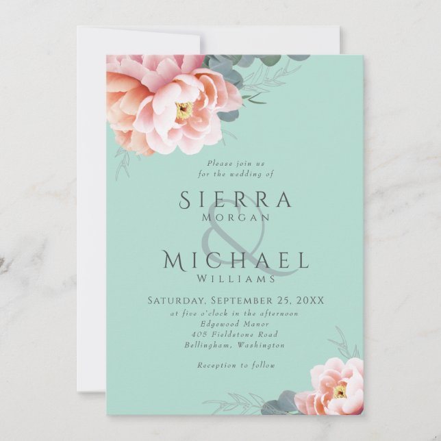 Modern Mint Green Blush Pink Peach Floral Wedding Invitation (Front)