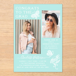 Modern Mint Green Butterfly Photo Graduation Party Acrylic Invitations