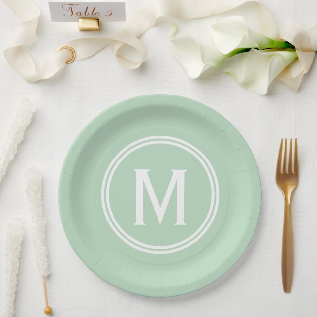 Modern Mint Green Custom Round Framed Monogram Paper Plate (Wedding)