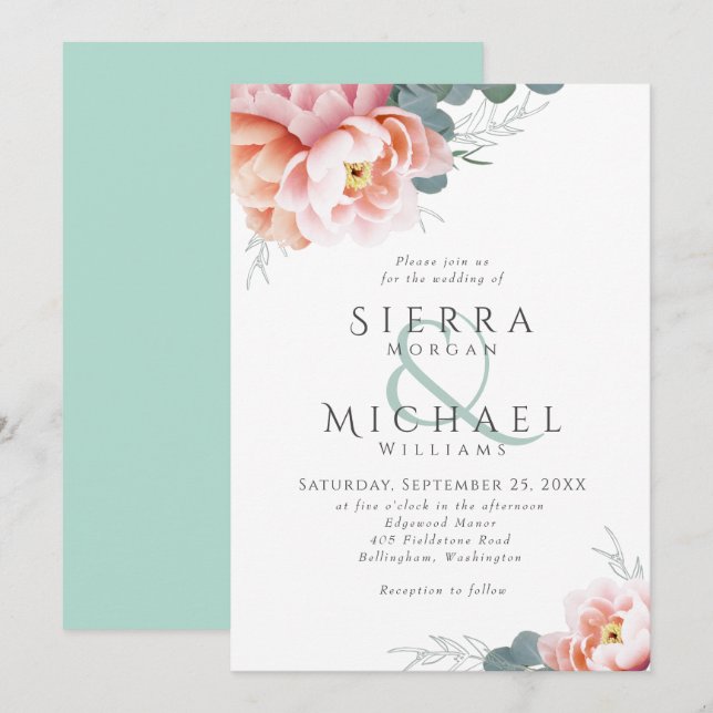 Modern Mint Green Floral Blush Pink Peach Wedding Invitation (Front/Back)
