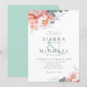 Modern Mint Green Floral Blush Pink Peach Wedding Invitation