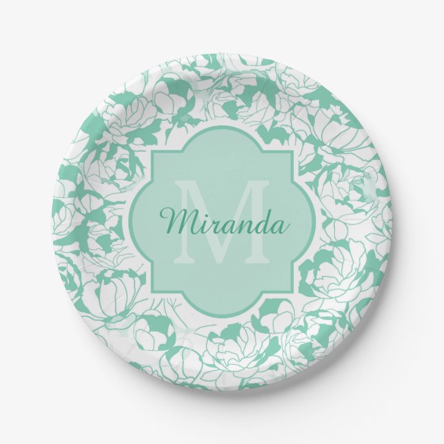 Modern Mint Green Floral Girly Monogram With Name Paper Plate (Front)