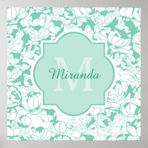 Modern Mint Green Floral Girly Monogram With Name Poster