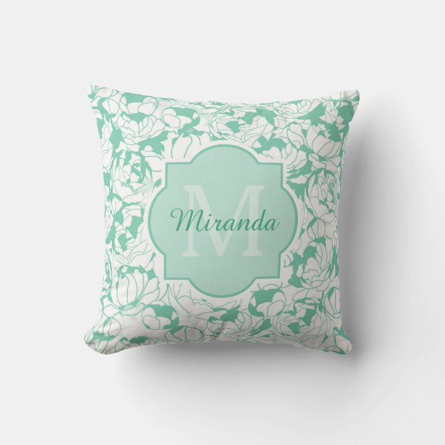 Modern Mint Green Floral Girly Monogram With Name Throw Pillow (Front)