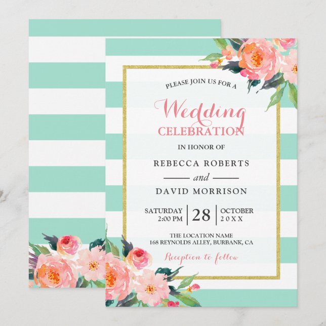 Modern Mint Green Flowers Wedding Celebration Invitation (Front/Back)