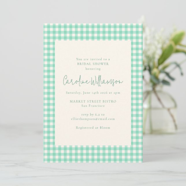 Modern Mint Green Gingham Plaid Bridal Shower Invitation (Standing Front)