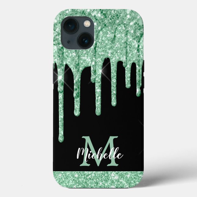 Modern Mint Green Glitter Drips Monogram Case-Mate iPhone Case (Back)