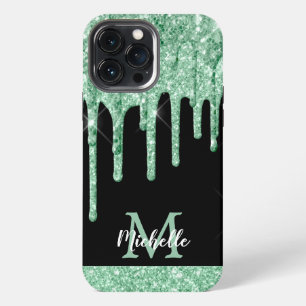 Modern Mint Green Glitter Drips Monogram iPhone 13 Pro Max Case