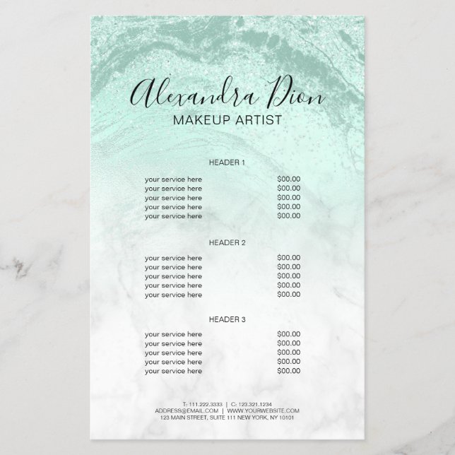 Modern mint green glitter marble makeup artist flyer (Front)