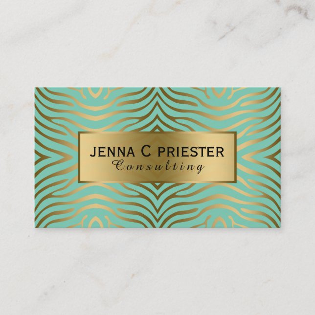 Modern Mint-Green & Gold Zebra Stripes Pattern Business Card (Front)