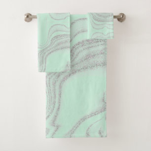 Modern mint green grey abstract marble pattern bath towel set