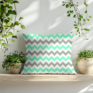 Modern Mint Green Grey Chevron Pattern Throw Pillow