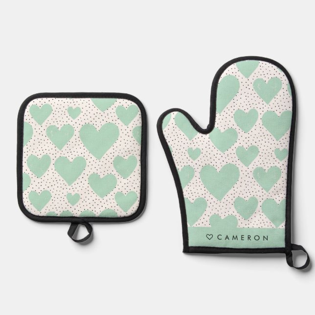 Modern Mint Green Heart Pattern Personalized Oven Mitt & Pot Holder Set (Front)