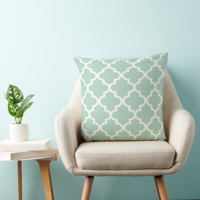 Modern Mint Green Moroccan Quatrefoil Pattern Throw Pillow (Chair)