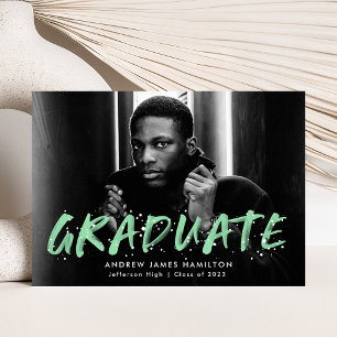 Modern Mint Green Paint Splatter Photo Graduation Announcement
