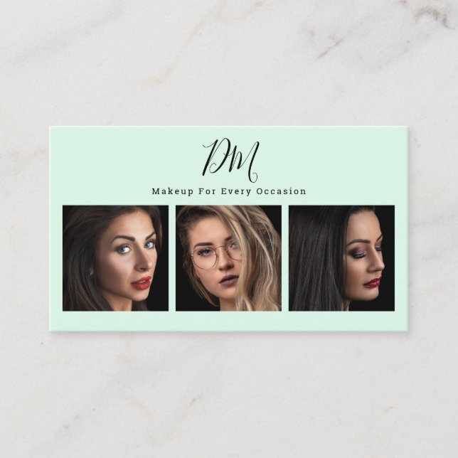 Modern mint green photo collage chic makeup artist business card (Front)