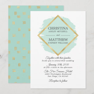 Modern Mint Green Sage Gold Foil Frame Wedding Invitation