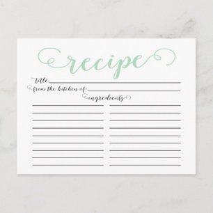 Modern Mint Green Script Bridal Shower Recipe Card