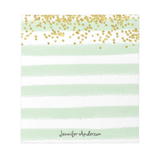 Modern Mint Green Stripe Gold Confetti Personalize Notepad