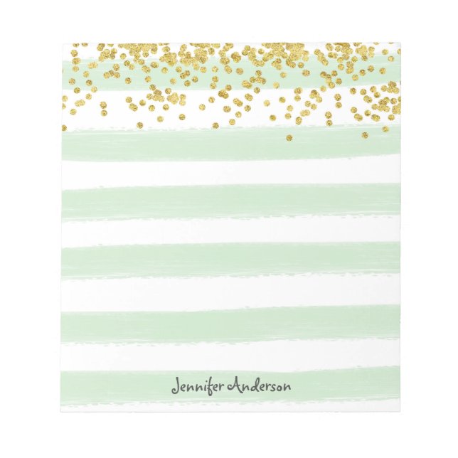 Modern Mint Green Stripe Gold Confetti Personalize Notepad (Front)