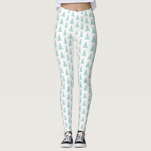 Modern Mint Green Trees on White Geometric Pattern Leggings (Front)