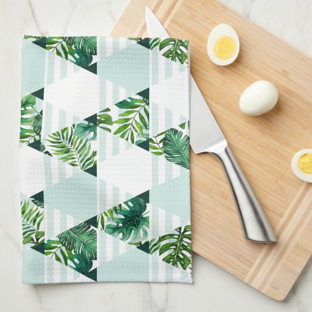 Modern Mint Green Tropical Geometric Kitchen Towel (Quarter Fold)