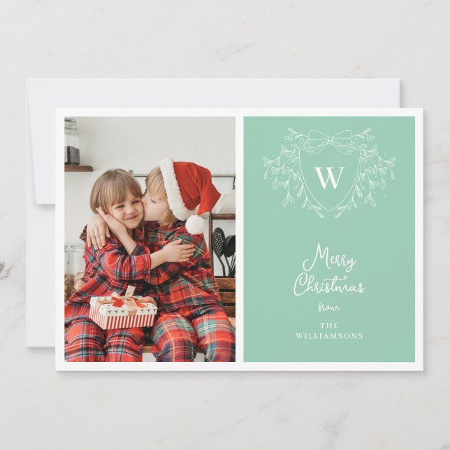 Modern mint green & white classy crest 2 photos holiday card (Front)