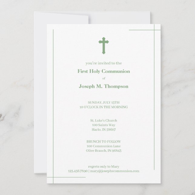 Modern Mint Green & White First Holy Communion Thank You Card (Front)