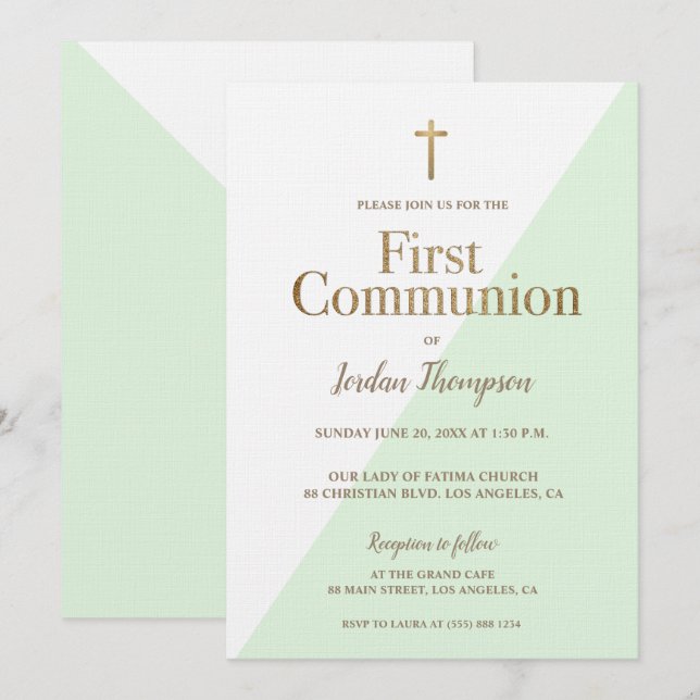 Modern mint green White Gold first communion Invitation (Front/Back)