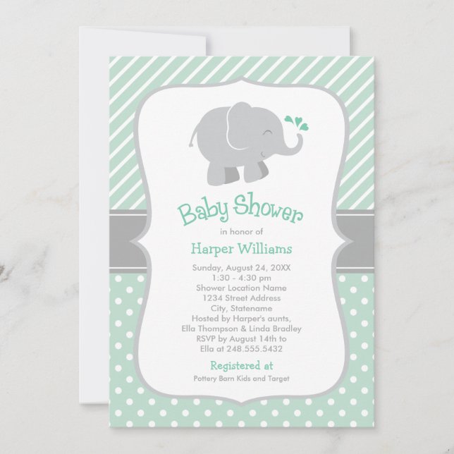 Modern Mint Grey Elephant Baby Shower Invitation (Front)