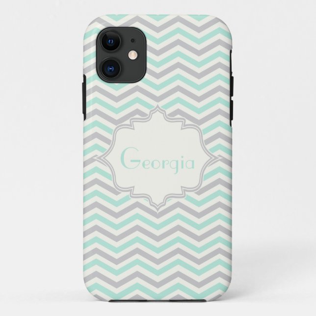 Modern mint, grey, ivory chevron pattern custom Case-Mate iPhone case (Back)